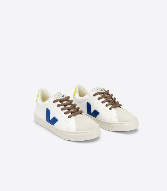 White Veja Laces Leather Indigo Jaune Fluo Kids' Esplar | PFRCQ-3796