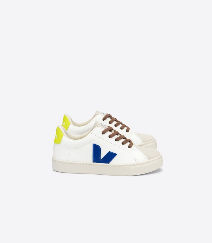 White Veja Laces Leather Indigo Jaune Fluo Kids\' Esplar | PFRCQ-3796